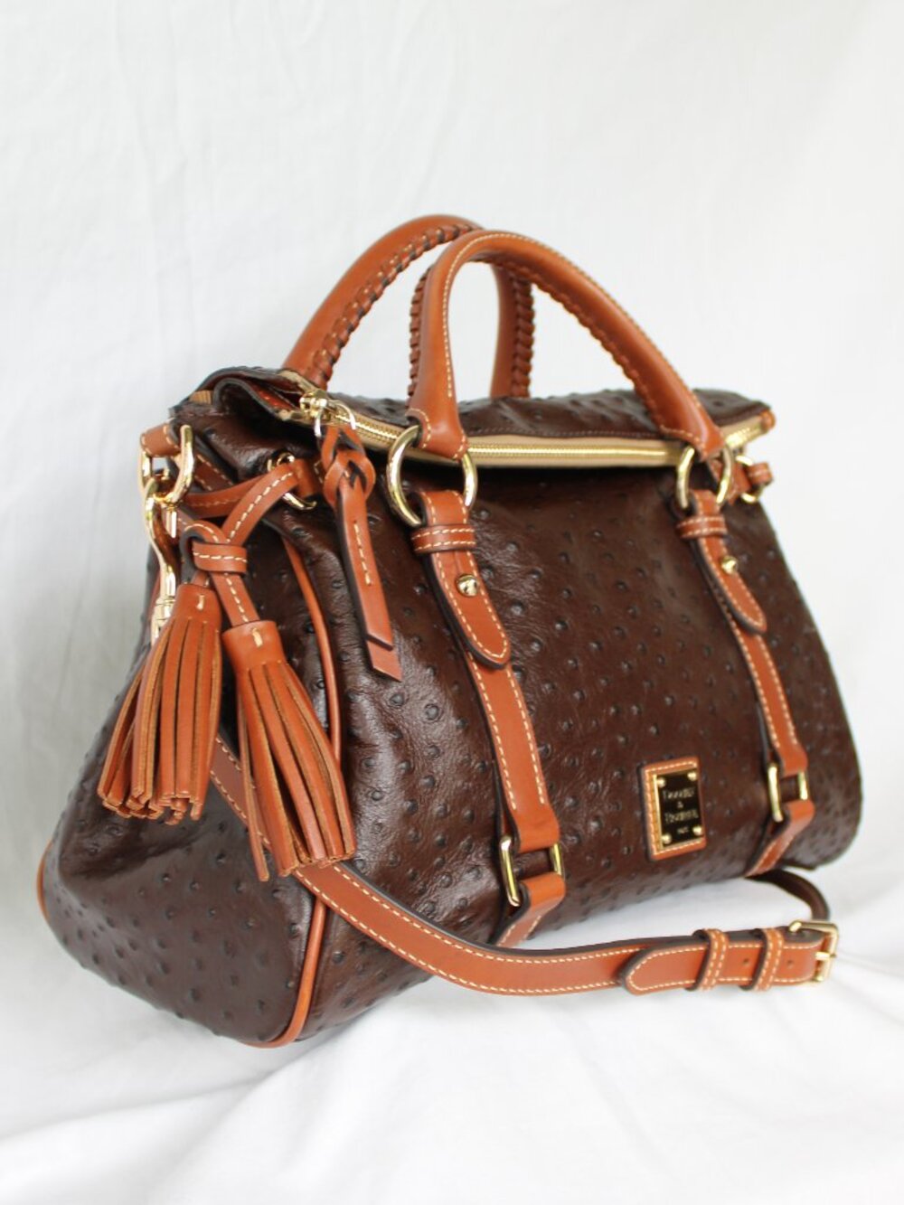 Dooney & Bourke Ostrich brown satchel leather Florentine tassel purse crossbody - Picture 4 of 12